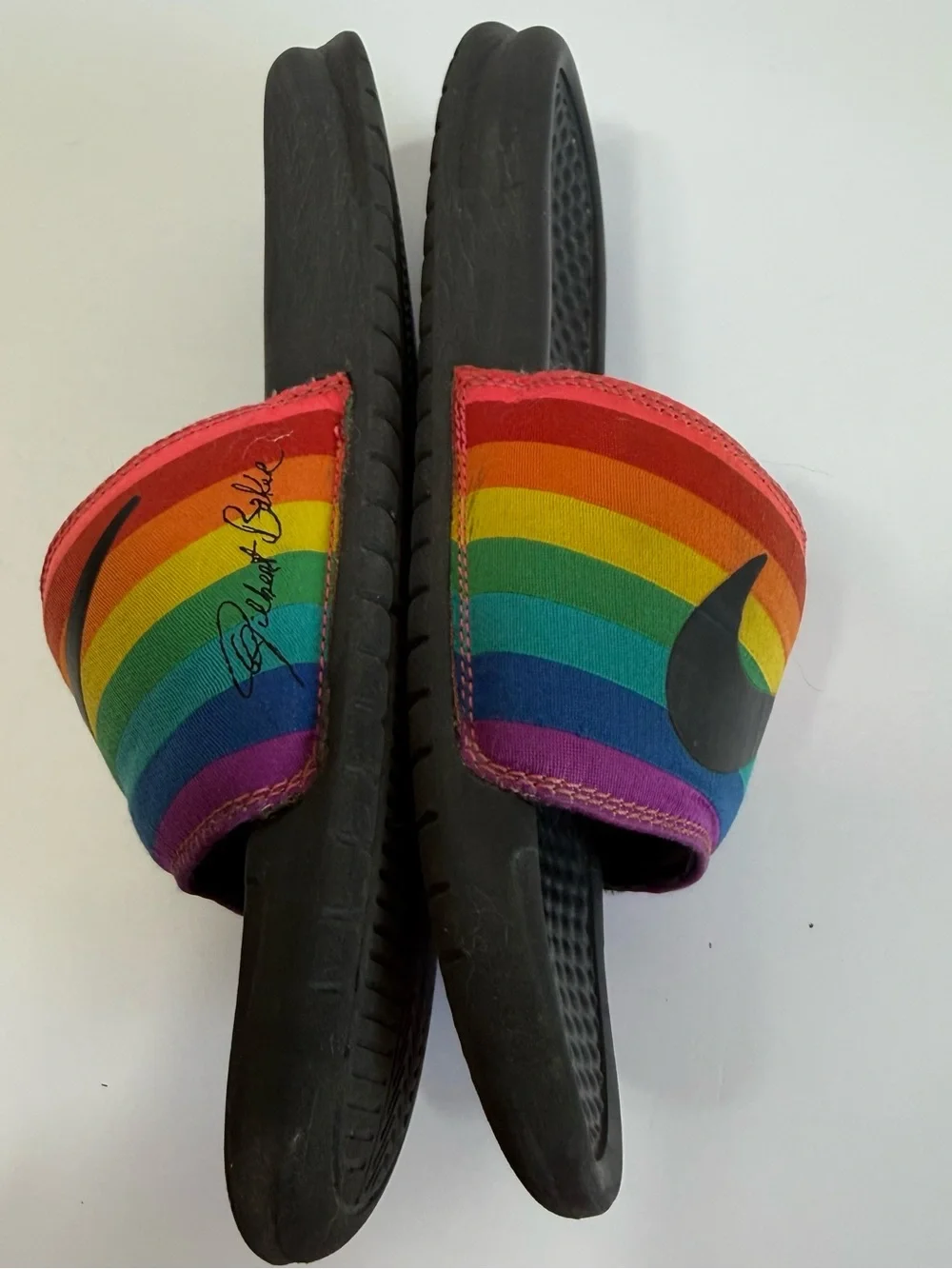 Nike Benassi JDI Be True Pride Rainbow Slides Gilbert Baker Edition